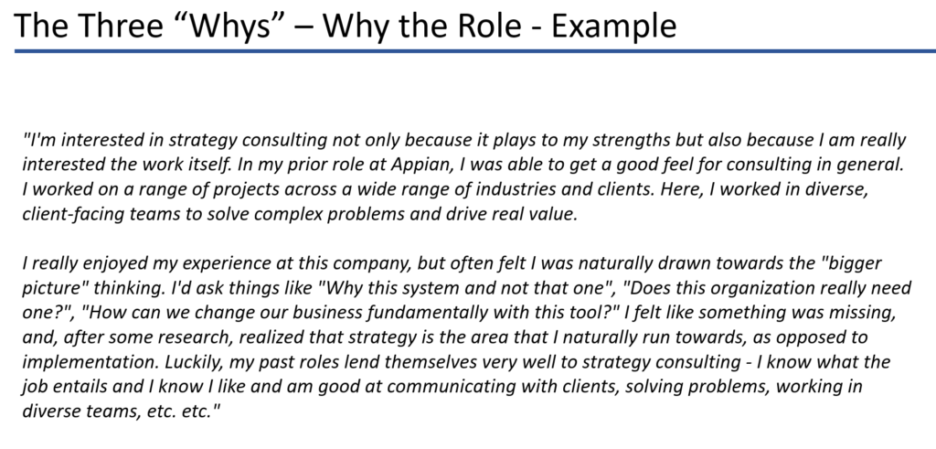 PowerPoint slide presenting guidelines on effectively responding to the 'Why the role?' query, emphasizing 'Why McKinsey?', 'Why BCG?', and 'Why Bain?' insights.