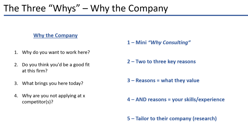 PowerPoint slide detailing strategies on answering the 'Why our company?' question, including key pointers for 'Why McKinsey?', 'Why BCG?', and 'Why Bain?'.