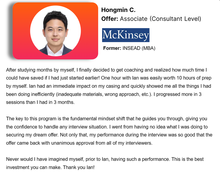 Testimonial from candidate who embarked on case interview preparation coaching with Ian Glennon